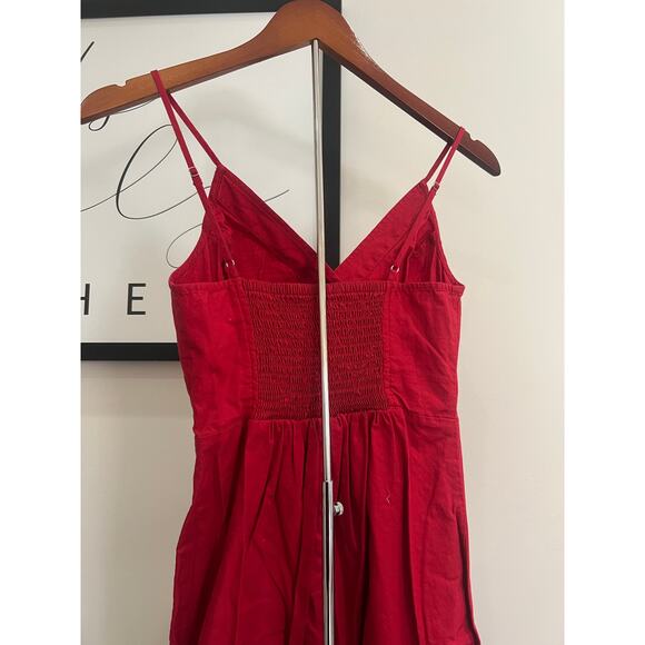 Red A-Line Dress with Wood Button Details - Picture 2 of 6
